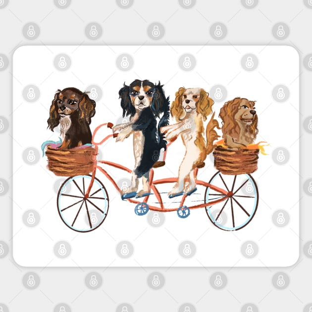 Four Cavalier King Charles Spaniels Riding a Bike Magnet by Cavalier Gifts